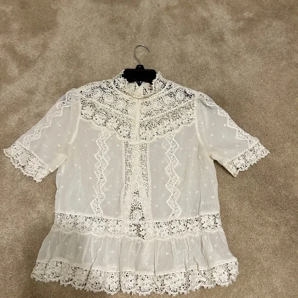 Sheer white chiffon button up blouse with mother of pearl buttons and lace inset - Picture 3 of 7